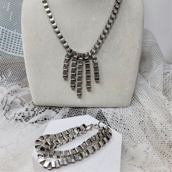 Bike Chain Necklace & Bracelet Set Silver Tone - Picture 6 of 9